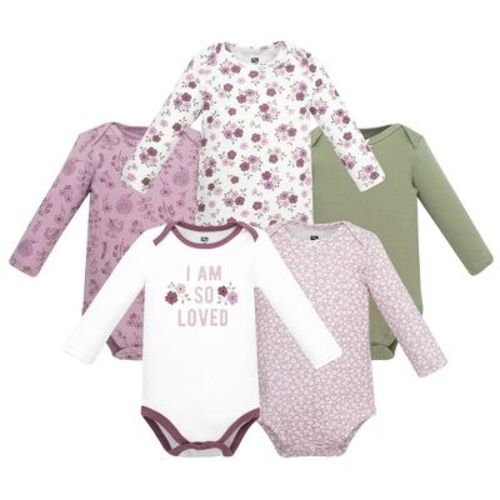 Hudson Baby Infant Girls Cotton Long-Sleeve Bodysuits 5-Pack, Purple Sage Flowers, Preemie