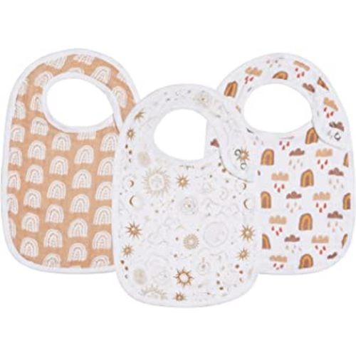 Snap Muslin Bibs for Girls, 3-Pack Baby Bibs for Infants, Newborns and Toddlers, 100% Cotton Muslin Absorbent & Soft Layers, Adjustable Snaps,"Rainbow,Cosmos,Clouds"