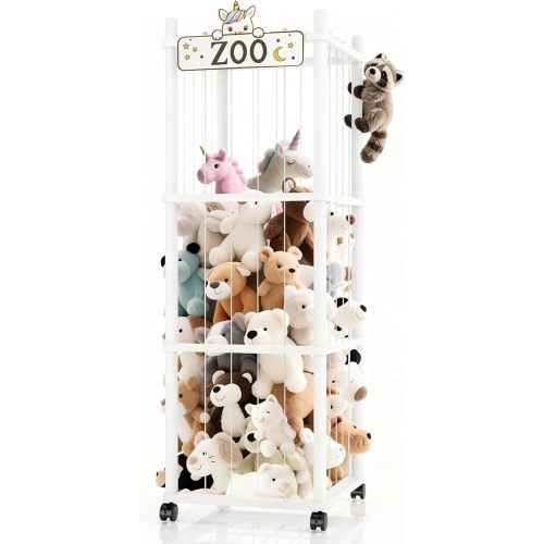 Stuffed Animal Storage Zoo Tower,56In Wooden Large Stuffed Animal Holder Organizer with Wheels,Stuffy Plushies Storage with Elastic Band&Mesh Bottom,Toy Storage Organizers for Playroom Nursery（White）