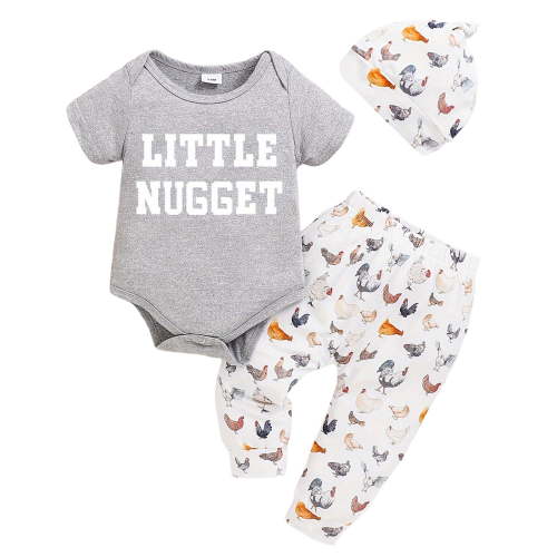 Karoyedx Clothes for Boys Newborn Baby Boy Outfit Short Sleeve Romper and Printed Pants Hat 3Pcs Clothes Grey Size,3-6 Months