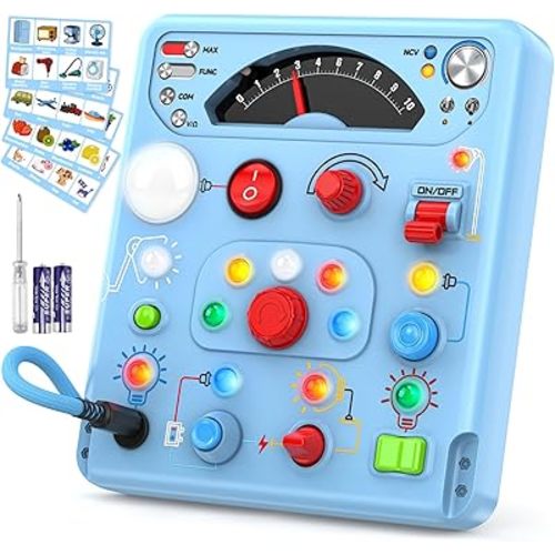 Busy Board Montessori Toys for Toddlers 1 2 3 4 Year Old with 13 LED Lights, Sensory Board Toys Educational Learning for Toddlers, Activity Toy Christmas Birthday Gifts for 1+ Year Old Boys and Girls