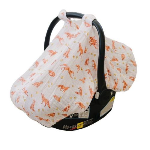 Bebe au Lait Muslin Car Seat Cover - Fox Tales: 100% Organic Cotton, 25x25x0.5, 0.58 lb
