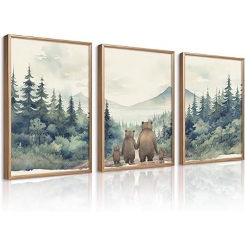 Nursery Animal Wall Art Woodland Bear Wall Decor Wild Forest Animals Canvas Pictures Baby Nursery Woodland Poster Watercolor Forest Painting Family of Four for Boy Kids Bedroom 16x24x3 Inch Unframed