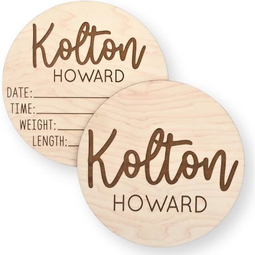Dual-Sided Baby Newborn Announcement Sign, Hospital Sign, Gender Reveal Baby Photo Props, Wooden Name Sign, Birth Stat, Birth Engraved Round (Design 4)