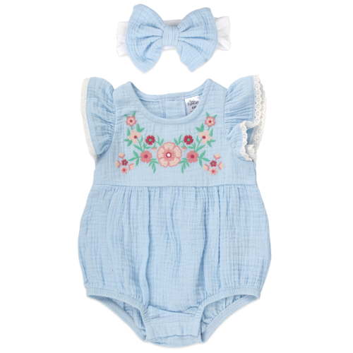 Baby Essentials 9 Months Infant Girls Romper with Matching Headband 100% Cotton Spring Summer Outfit in Blue Floral Multi