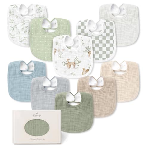 Konssy 10-Pack Muslin Baby Bibs for Drooling and Teething | Soft & Absorbent, Cotton Front with Fleece Backing, Adjustable Fit, Wash Durable, for Boys and Girls Ages 0-36 Months