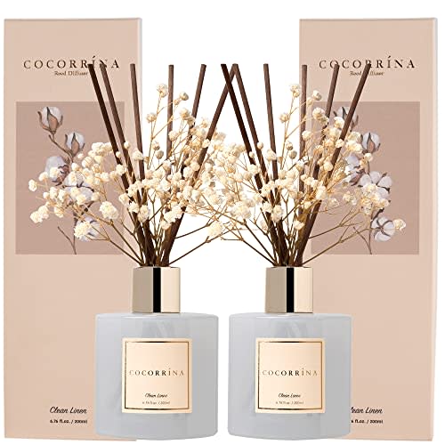 Cocorrína Reed Diffuser Set, 6.7 fl.oz Clean Linen 2 Packs Scented Diffuser with Sticks Home Fragrance Reed Diffuser for Bathroom Shelf Decor