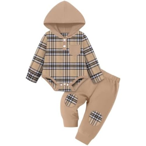 Fommy Baby Boy Clothes Flannel Plaid Outfits Long Sleeve Hoodie Romper Fall Winter 2 Pcs Clothes for Boy