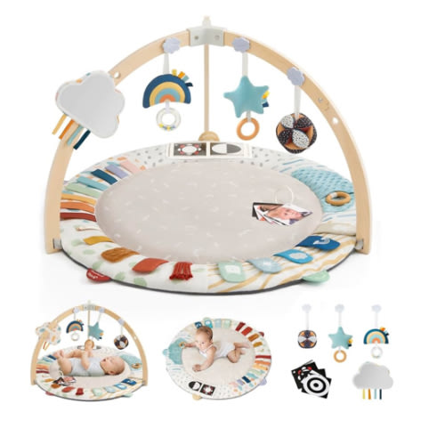Blissful Diary Baby Play Gym & Activity Mat, 5 Developmental Zones Wooden Tummy Time Mat with 5 Detachable Sensory Toys for Motor Skills & Sensory Development, Baby Essentials Shower Gift