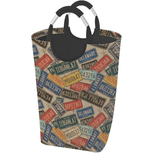AUUXVA Laundry Hamper, Vintage Car Number Plates Laundry Basket Washing Clothes Hamper Collapsible Storage Bin Foldable Shopping Bag Toy Book Holder