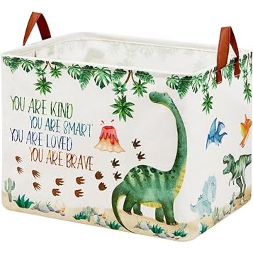 Dinosaur Nursery Decor Baby Gift Basket with Inspirational Quotes Large Kid Storage Chest Trunk Woodland Stone Volcano Book Shelf Basket Collapsible Clothes Toy Bin for Baby Rectangle Hamper,36L