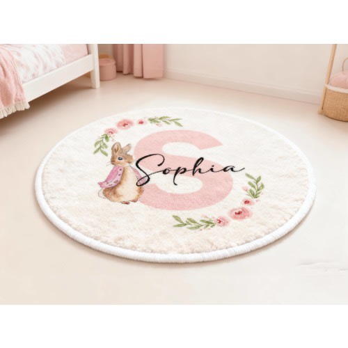 Personalized Easter Pink Peter Rabbit Initials with Name Soft Rug Carpet Easter Gift for Kids Rug Birthday Gifts for Kids Easter Bunny Gifts