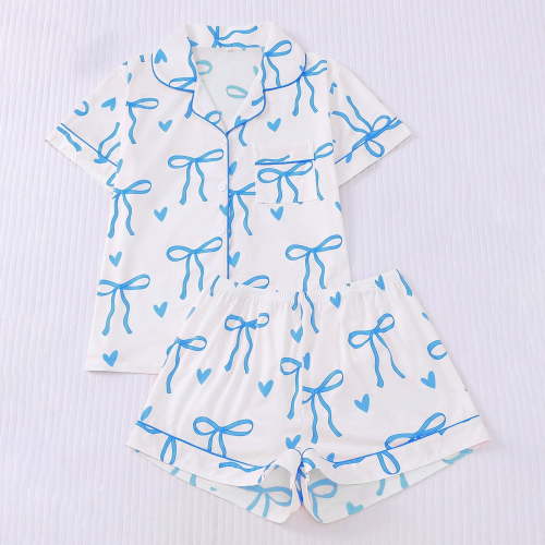 FASHOFT Womens Pajamas Set Cute Bow Graphic Button Down 2 Piece Pjs Shorts Set Ruffle Notch Collar Sleepwear Blue XXL