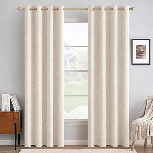 MIULEE 100% Blackout Linen Textured Curtains for Bedroom Solid Thermal Insulated Cream Beige Grommet Room Darkening Curtains & Drapes Luxury Decor for Living Room 52 x 84 Inch (2 Panels)