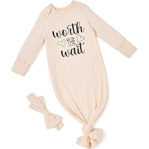 PATPAT Baby Sleeper Gown with Bamboo Viscose for Newborn Girls Boys, Knotted Nightgown with Mittens for Infant Home Coming