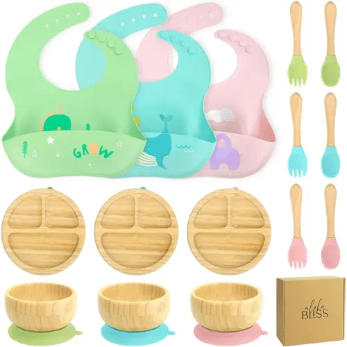 Bamboo Baby Plates Set - Suction Plates with Bowl, Bib, Fork, and Spoon - Toddler Plates for Easy Self-Feeding and Mess-Free Meals