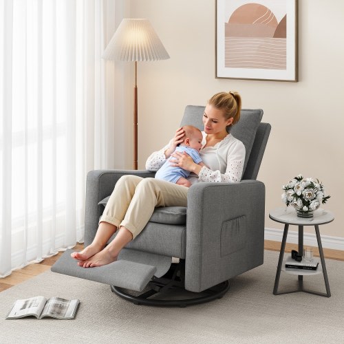 UDPATIO Nursery Rocking Recliner 360 Degree Linen-Style Swivel Glider Chair with Adjustable Backrest 20 Degree Rocking Nursing Chair High Density Cushion Lounge Chair for Nursery Living Room Reading Rest 300 LBS Capacity