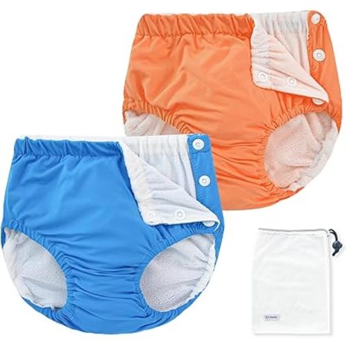 EZ Moms 2 Packs Reusable Swim Diapers Infant Baby Swim Diapers 6-9 Months Washable Snap Pool Swimming Diaper 6-12 Months Newborn Water Diaper for Swimming Lessons Boys and Girls with a Laundry Bag