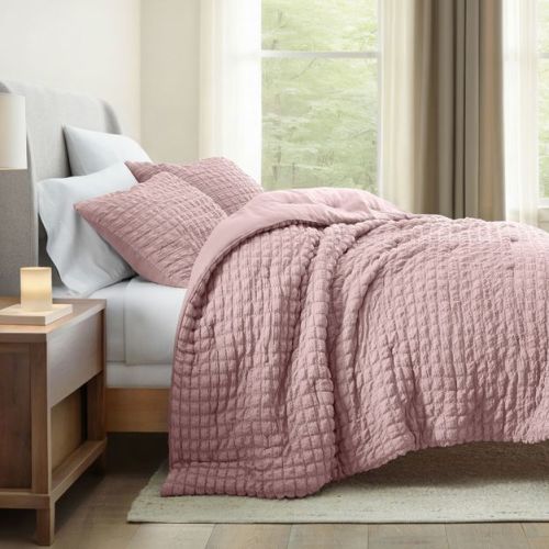 Seersucker Textured Comforter Set, All-Season Down Alternative  Ultra Soft & Lightweight  3PC - Becky Cameron, Rose, Twin/Twin Extra Long