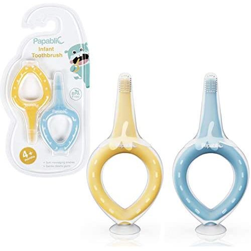 Papablic Infant Training Toothbrush with Suction Base, Soft Silicone Baby Toothbrush for Age 4 Months and up, Yellow & Blue, 2 Pack, BPA Free