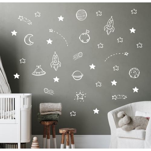 Space Wall Decal Set for Kids | Outer Space Themed Wall Stickers | Astronaut, Rocket, Planet, and Star Vinyl Decals