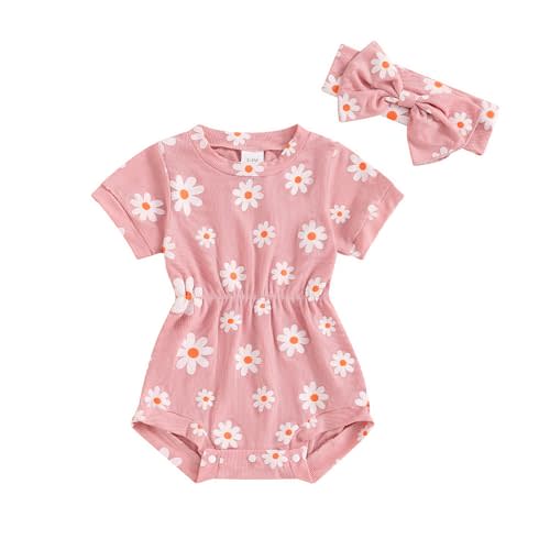 Lesimsam Newborn Baby Girl Clothes Floral Short Sleeve Ribbed Romper Bodysuit One Piece Jumpsuit with Headband Summer Outfit