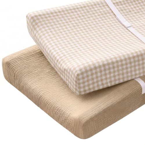 Breling 2 Pack Muslin Changing Pad Covers for Boys Girls, Soft Breathable Cotton Baby Diaper Change Covers for Dresser or Table, Neutral Nursery Diaper Changing Pad Sheets, Khaki Plaid and Solid Khaki