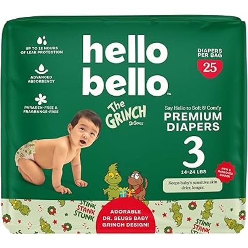 Hello Bello Diapers, Size 3 (14-24 lbs) Dr. Seuss Baby Grinch - 25 Count of Premium Disposable Baby Diapers, Hypoallergenic with Soft, Cloth-Like Feel