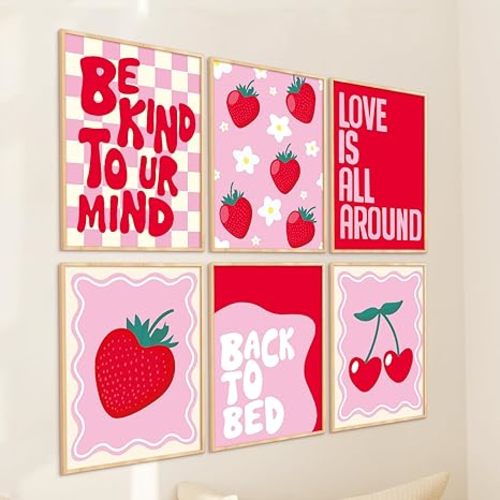 FYSUIMU Strawberry Wall Art Prints Coquette Strawberry Flower Sweet Room Decor - 8 x 10 Inch - Pink Red Fruit Cherry Unframed Wall Arts Posters for Home Bedroom Living Room Dorm, 6 Sheets