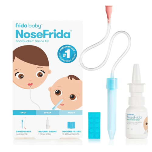 Frida Baby Saline Kit, Includes NoseFrida Nasal Aspirator for Baby, Baby Nose Sucker, Saline Nasal Spray for Babies with 10 Extra Hygiene Filters, Nasal Spray Decongestant, 0.68 fl oz