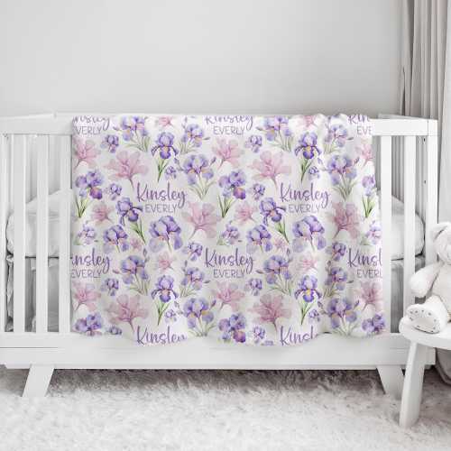 Custom Purple Flowers Nursery Baby Name Blanket, Personalized Iris Swaddle Baby Shower Gift, Floral New Mom Hospital Blanket, Newborn Gift
