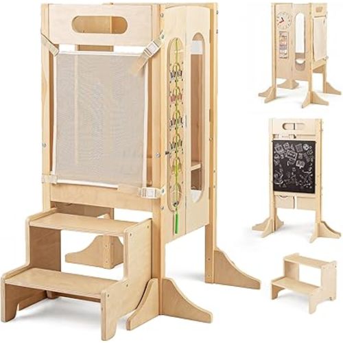 HONEY JOY Foldable Toddler Tower, Wooden Kitchen Stool Helper with 2 Step Stool, Anti-Slip Feet, Chalkboard, Kids Learning Standing Tower with Safety Net & Montessori Activity Games, Natural