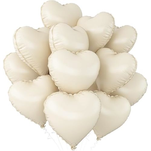 Cream White Heart Balloons,12Pcs Sand White Heart Shaped Foil Balloons,18Inch Beige Helium Polyester Film Balloon for Baby Shower Birthday Anniversary Wedding Party Decorations