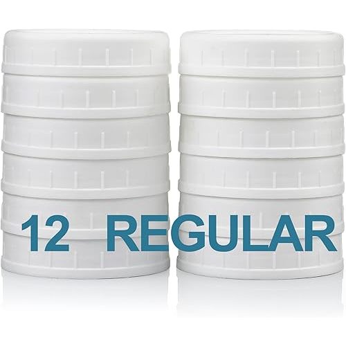 12 Pack REGULAR MOUTH Mason Jar Lids for Ball, Kerr and More - Plastic Storage Caps for Mason Jars, Canning Jars - Leakproof, Dishwasher Safe & Food Grade - White