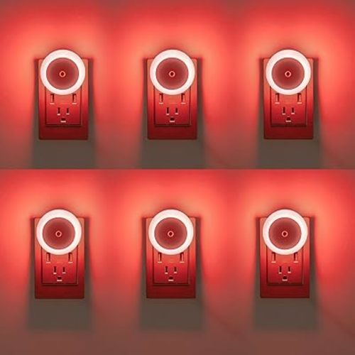 KINUR 6 Pack Red LED Plug into Wall with Dusk to Dawn sensors Plug in Night Lights for Kids Room, Bedroom, Bathroom, Stair Lights, Hallway Light