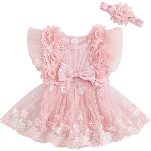 Douhoow Baby Girls Romper Dress Baby Dress Romper 3D Flowers Mesh Skirt Hem Infant Girl Summer Clothes with Headband