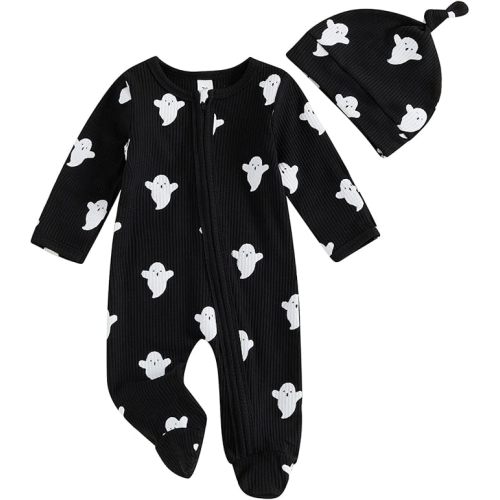 My First Halloween Baby Girl Boy Outfit Ghost Print Long Sleeve Zipper Footie Romper Cute One Piece Knit Jumpsuit