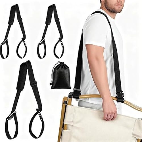 Beach Chair Backpack Straps 3 Pack - Heavy Duty Rocking Camping Chair Carrier, Adjustable Hands-Free Shoulder Straps for Folding Chairs (Black)