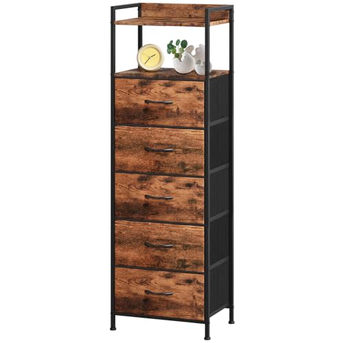 Somdot Tall Dresser for Bedroom with 5 Drawers, Tall Nightstand | Night Stand Bedside Table with Fabric Bins, Metal Frame, Wood Top, Vertical Storage for Dorm, Closet, Entryway, Brown