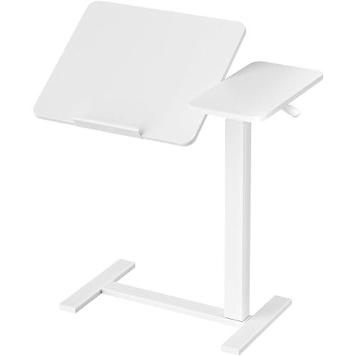 DUMOS Overbed Bedside Table Adjustable with Wheels, Mobile Standing Stand Up Rolling Laptop PC Desks with Tilting Top Height Tray Side Computer Workstation for Bedroom on Hospital Home Use, Ivory