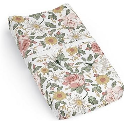 Sweet Jojo Designs Blush Pink Yellow Vintage Floral Boho Girl Baby Changing Pad Cover Sheet Infant Newborn Diaper Change Mat Cover Green White Bohemian Shabby Chic Farmhouse Leaf Rose Leaves Flower
