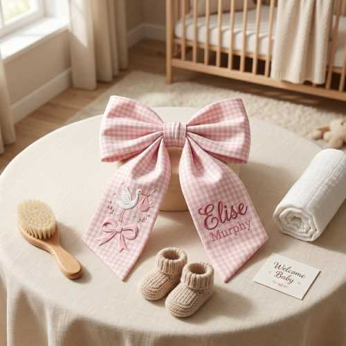 Custom New Baby Embroidered Wreath Sash, Personalized Newborn Girl Nursery Bow, Baby Shower Keepsake Gift