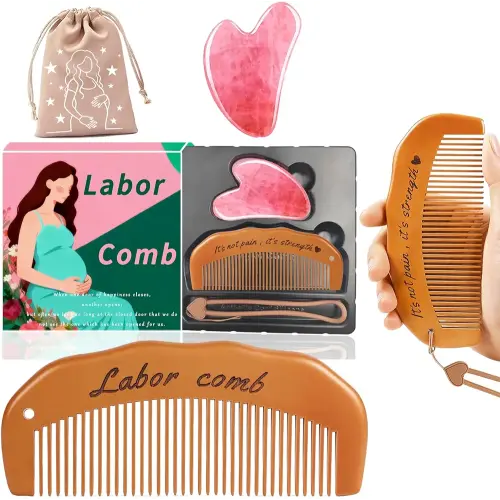Birthing Comb Labor Gift Set for Expecting Mom–Natural Wooden Labor Comb, Birth Essentials, Facial Massager, Anti-Slip Silicone Cord & Storage Bag | Labor & Delivery Essentials for Moms-to-Be