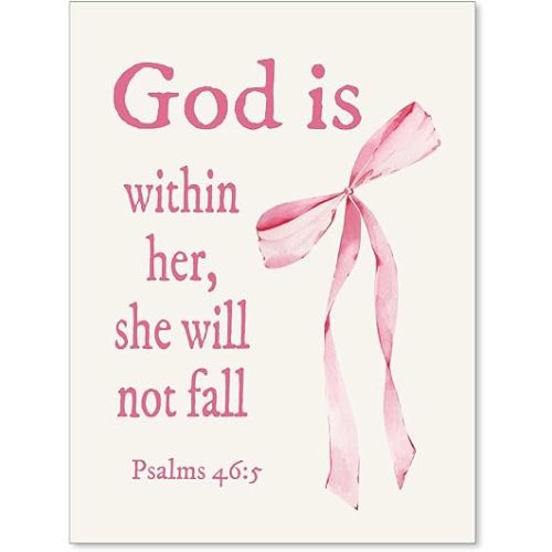 enttgo Christian Bible Verse Scripture Poster Pink Coquette Bow Wall Art Trendy Jesus Canvas Painting Prints for Living Room Bedroom Wall Decor 12X16 inch Unframed