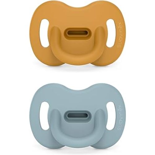 Color Essence SX PRO Silicone Baby Pacifier 2Pk, Made with 100% Soft Silicone, Baby Essentials Perfect for Breastfeeding Babies, Designed in Spain, 0-6 Mths, Mustard/Blue
