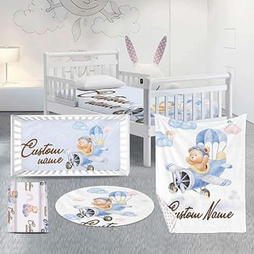 Custom Baby Crib Bedding Set – 4-Piece Personalized Nursery Set with Double Layer Blanket, Sheet, Pad Cover and Room Rug – Cute Flying Bear in Airplane Theme, Adorable Crib Gift for Boys and Girls