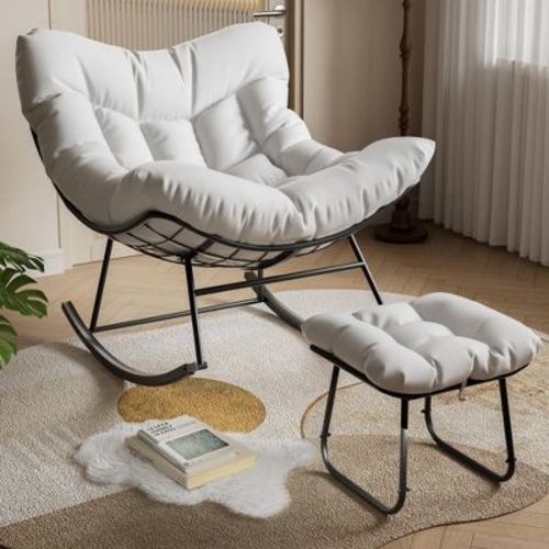 TROPOW Outdoor Papasan Rocking Chair with Ottoman, Oversized Patio Wicker Egg Chair with Soft Thick Cushio, Lounge Rocker, Comfy Reading Chairs