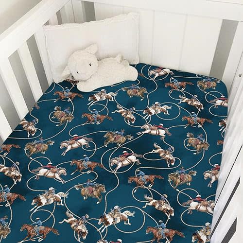 Vintage Cowboy Life Baby Crib Sheets for Boy Girl Navy Country Western Cowboys Horse Soft Snug Fitted Crib Mattress Covers Fit 52''x28'' Standard Crib & Toddler Mattress Wild West Nursery Bed Sheets