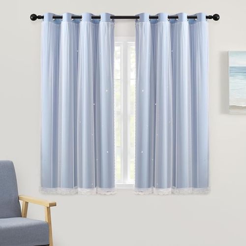 Blackout Short Curtain 2 Panels for Kitchen Cafe Light Blue Cut Out Hollow Star Curtains for Bedroom Girls Kids W42 x L45 Thermal Insulated Grommet Top Thermal Insulated Window Treatments 34x54