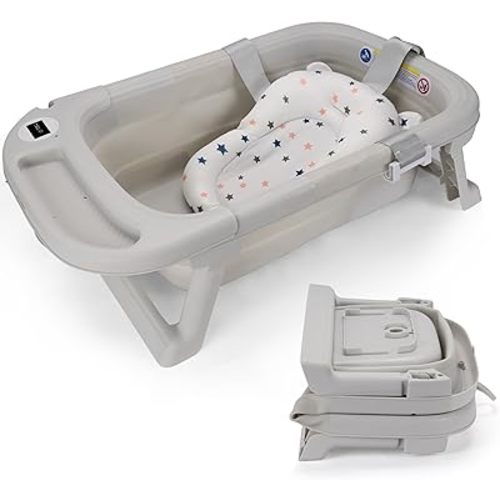 Foldable Baby Bath Tub for Toddlers and Babies, Portable Baby Bathtub with Drainage Hole and Carry Handle (Gray)